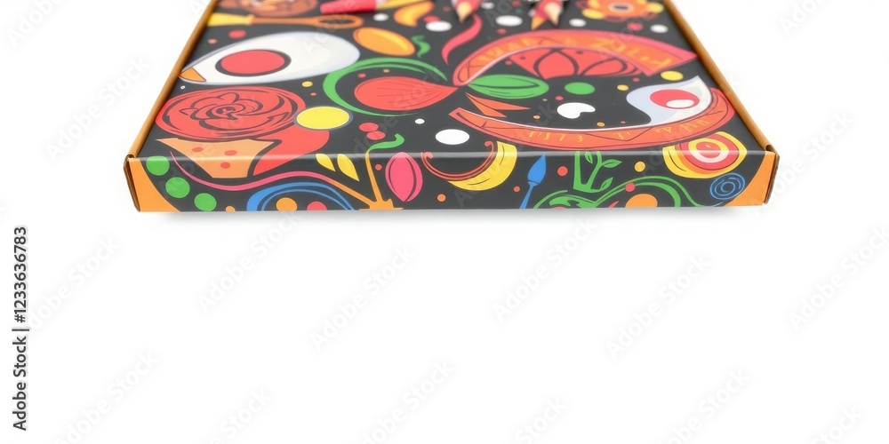 Pizza box with a colorful design on a white background isolate, packaging, dinner Pizza box with a colorful design on a white background isolate, packaging, dinner
