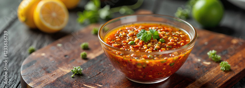 Nuoc cham sauce in vibrant bowl on wooden table, culinary delight photo