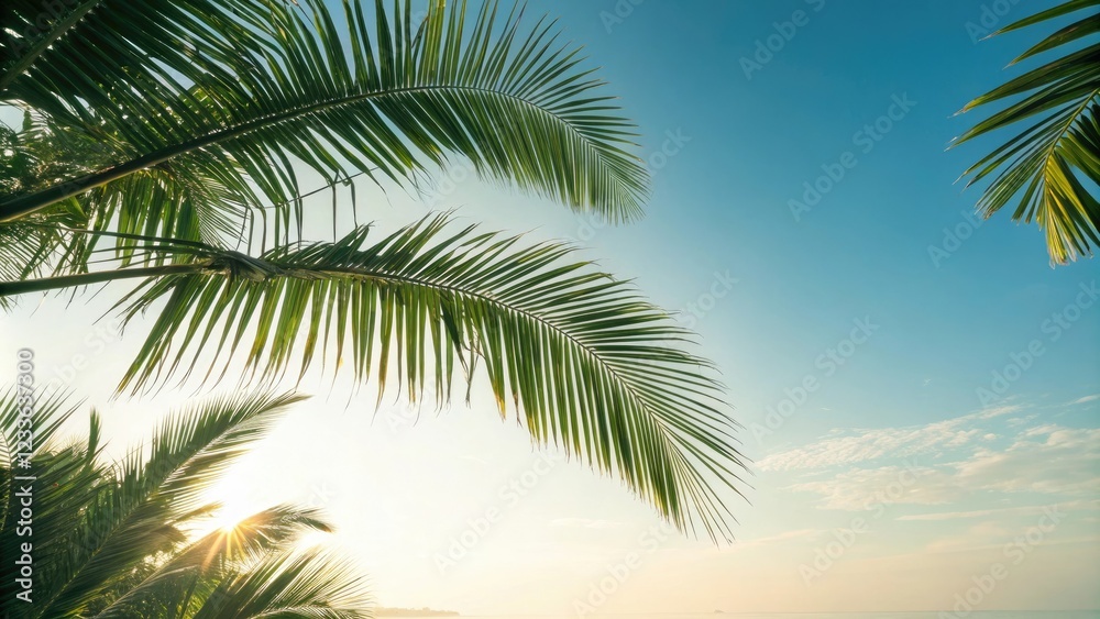 Palm leaves shimmer in the sunlight as they dance above the ground on a warm and sunny morning with a blue clear sky, clear, sunlight, sunny Palm leaves shimmer in the sunlight as they dance above the ground on a warm and sunny morning with a blue clear sky, clear, sunlight, sunny