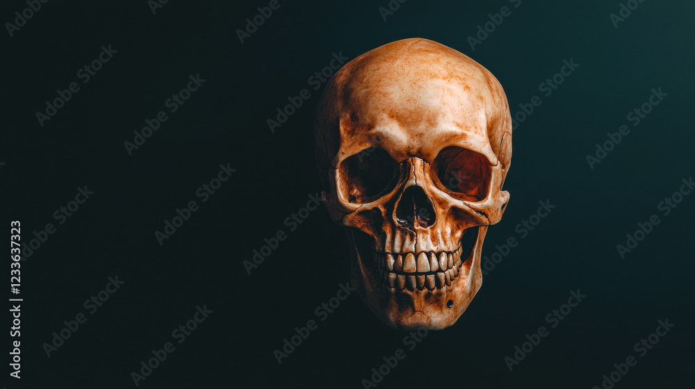Fototapeta premium A realistic skull against a dark background, emphasizing its intricate details and textures, creating a striking visual contrast.