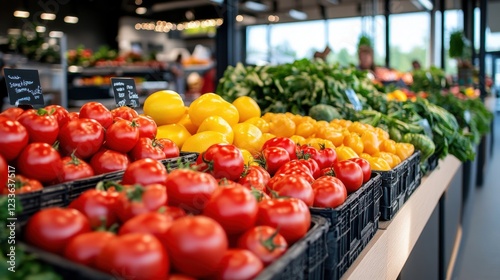 Fresh Organic Produce Display in Modern Grocery Store with Colorful Fruits and Vegetables