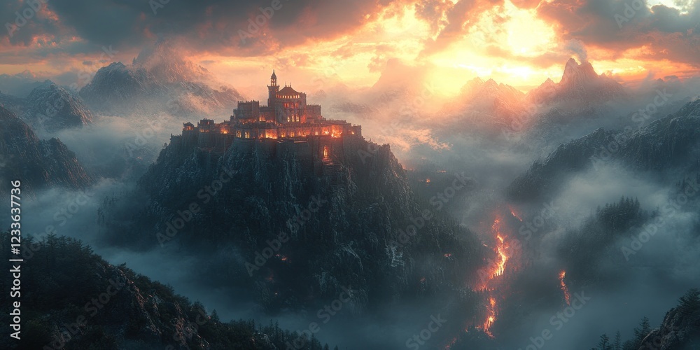Fototapeta premium Majestic Mountaintop Castle at Sunset