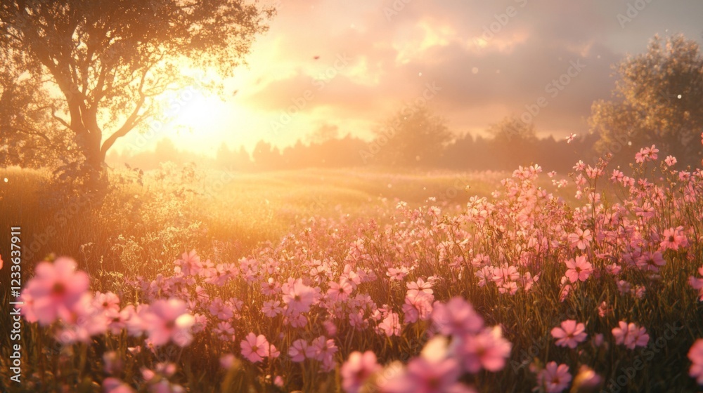Obraz premium Sunset illuminates pink cosmos flowers in a field near a tree