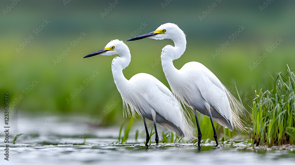 Two egrets in wetland, green background, nature scene, wildlife photography Two egrets in wetland, green background, nature scene, wildlife photography
