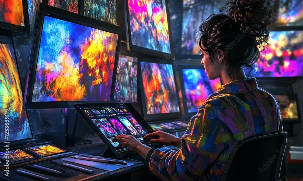 Creative artist working on digital art in a vibrant studio filled with colorful screens and tools Creative artist working on digital art in a vibrant studio filled with colorful screens and tools