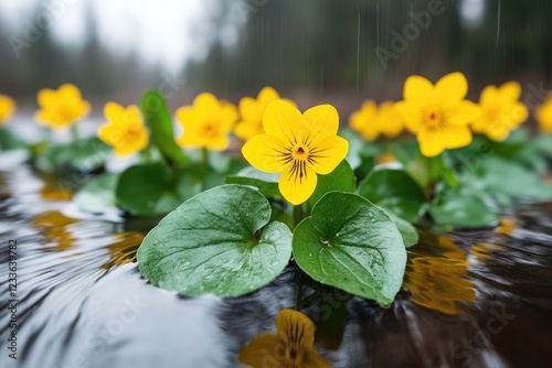 Marsh Marigolds in rain, forest background, nature photography, spring bloom photo