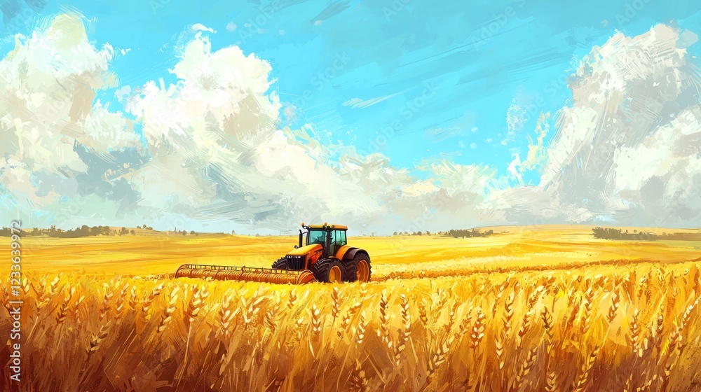 Fototapeta premium Golden Harvest: A Tractor in a Wheat Field Under a Summer Sky