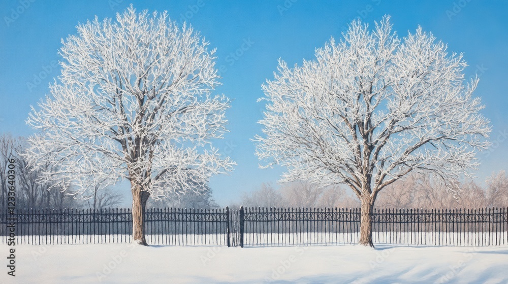 Frosty winter trees, park fence, snow, sunrise Frosty winter trees, park fence, snow, sunrise