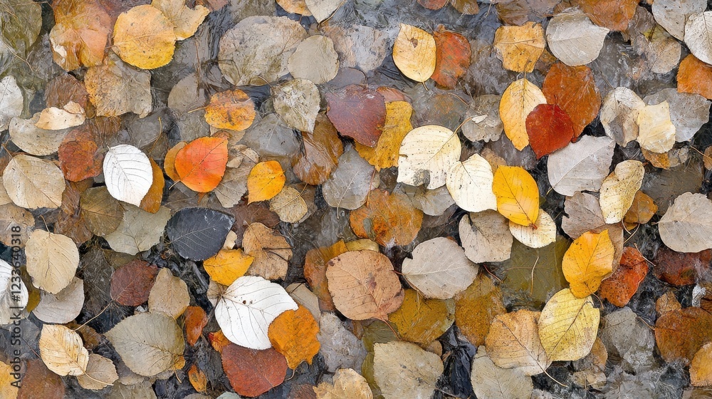 Colorful Autumn Leaves Floating on Clear Still Water Surface Colorful Autumn Leaves Floating on Clear Still Water Surface