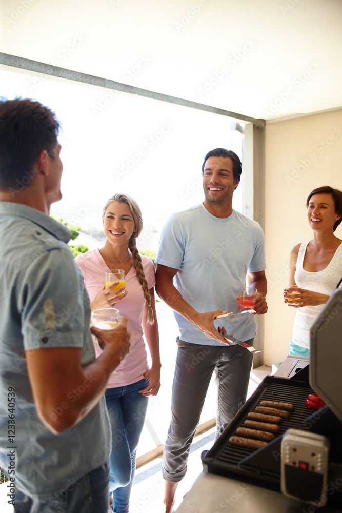 Obraz premium Cooking, bbq and speech with family at grill for smile, nutrition and fourth of July. Health, celebration and lunch break with people eating at home for food, barbecue meal prep or wellness together
