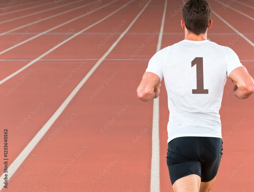 Obraz premium Dedicated Athlete in White Shirt with Number One Running on Track Towards Victory