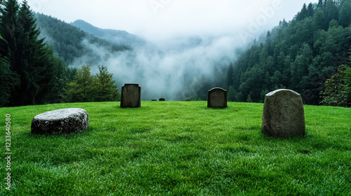 mystical fog rolls through graveyard with tombstones in serene landscape