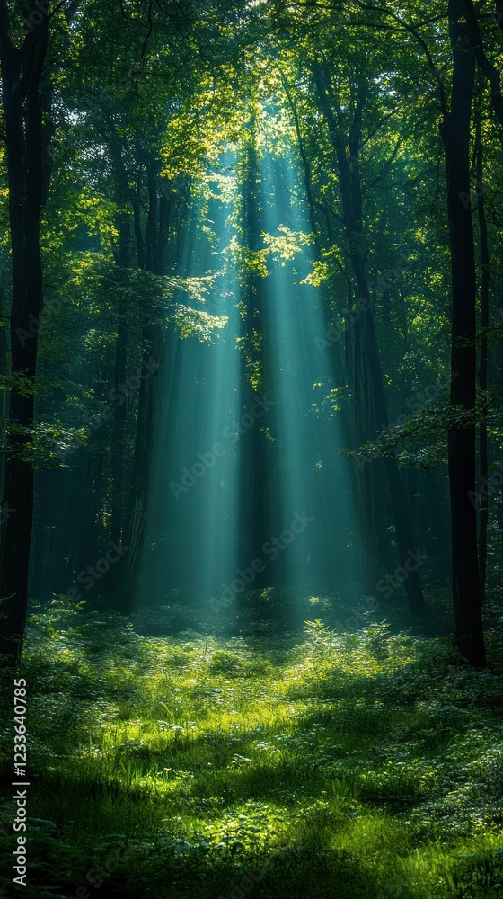 Fototapeta premium Sunbeams Illuminating a Mystical Forest Path
