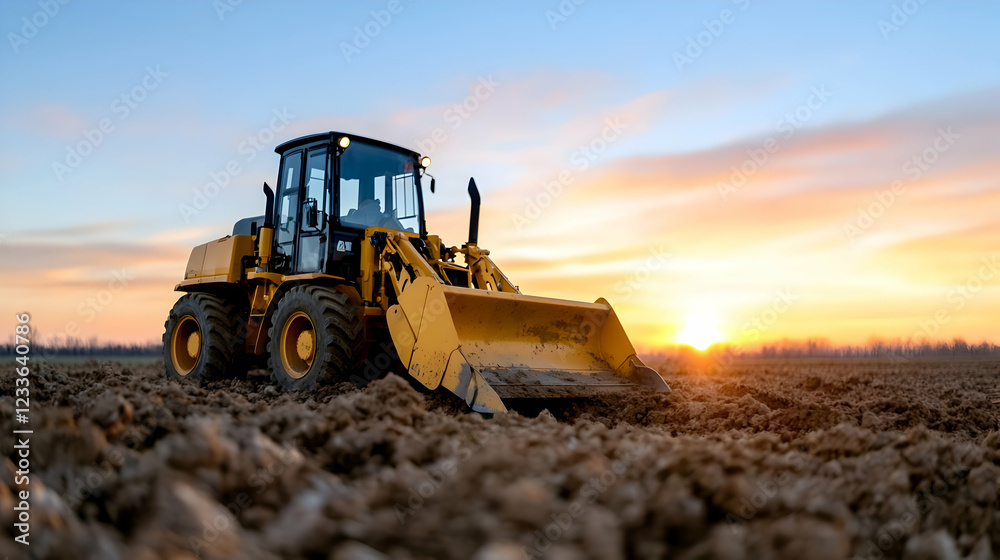 Loader preparing field at sunset, rural landscape Loader preparing field at sunset, rural landscape