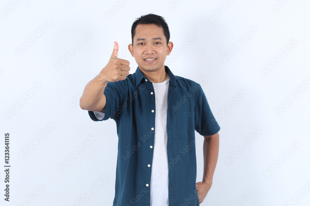 Adult Asian Man Gives Thumbs Up Gesture Showing Approval and Positivity Cheerfully on White Adult Asian Man Gives Thumbs Up Gesture Showing Approval and Positivity Cheerfully on White