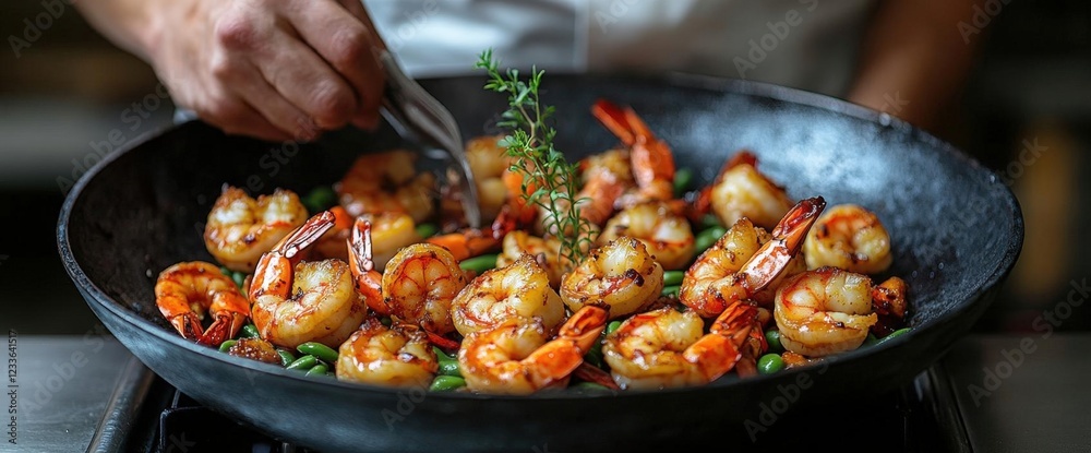 Close-Up of Chef Cooking Delicious Sauteed Shrimp with Green Beans in a Dark Pan Close-Up of Chef Cooking Delicious Sauteed Shrimp with Green Beans in a Dark Pan