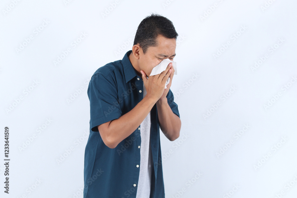 Adult Asian Man Blows Nose with Tissue, Suffering from Cold or Allergies Quickly and Easily with Common Symptoms Adult Asian Man Blows Nose with Tissue, Suffering from Cold or Allergies Quickly and Easily with Common Symptoms
