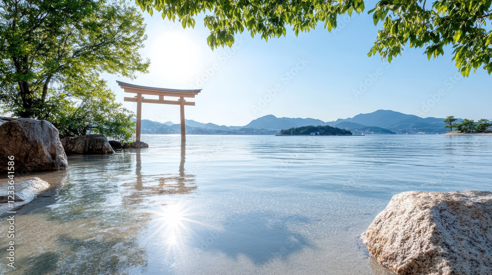 serene torii gate stands in calm water, surrounded by nature beauty serene torii gate stands in calm water, surrounded by nature beauty