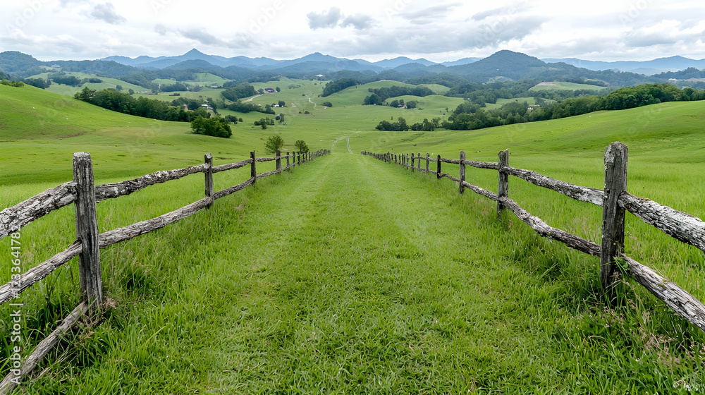 Fototapeta premium Green hills path leads to mountains
