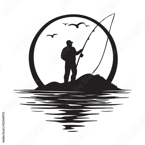 Fisherman Silhouette on Serene Lake Outdoor Vector Logo Design