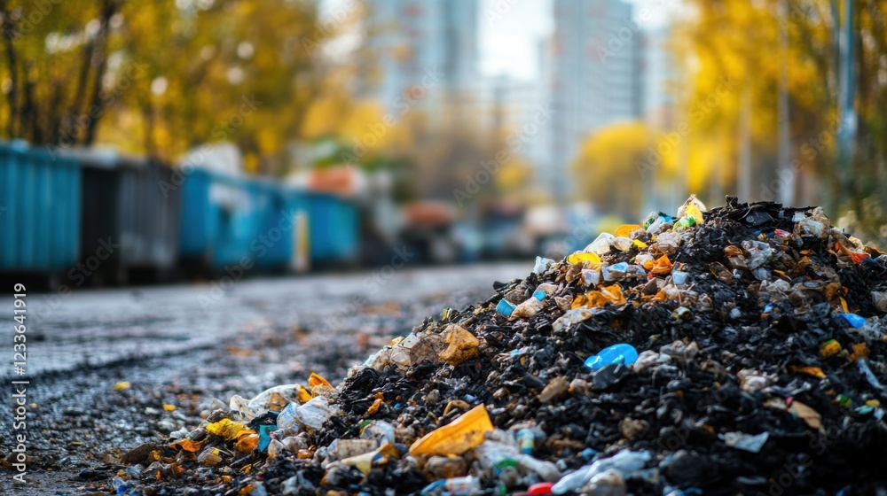 Pile of Litter and Plastic Waste on City Street with Trees and Buildings in Background during Autumn Season Pile of Litter and Plastic Waste on City Street with Trees and Buildings in Background during Autumn Season