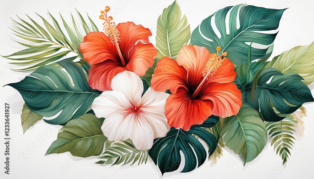 custom made wallpaper toronto digitalVibrant Tropical Hibiscus Blossoms and Elegant Monstera Leaves Set Against a Pristine White Canvas, Showcasing the Exotic Beauty of Natures Colorful Blooms