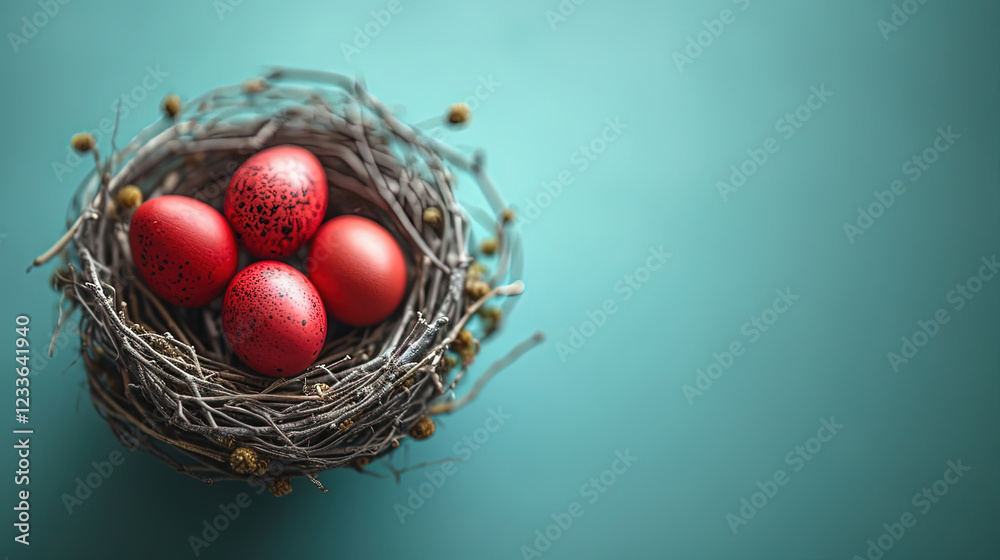 Easter Eggs in A Nest On Tree Branch On Blurry Background Easter Eggs in A Nest On Tree Branch On Blurry Background