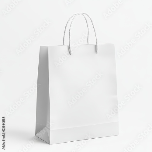 Plain white paper shopping bag with handles on white background.