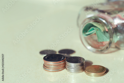 Concept of saving money for future. Thai money. Selective focus	