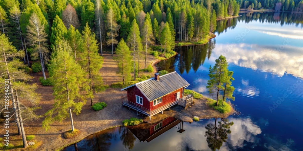 Aerial top view of red log cabin or cottage with sauna in spring forest by the lake in Finland, Cozy Retreat, Nature Landscape Aerial top view of red log cabin or cottage with sauna in spring forest by the lake in Finland, Cozy Retreat, Nature Landscape