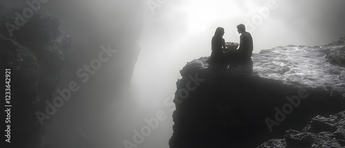 Silhouetted Couple Stands on Cliff Edge Overlooking Dramatic Misty Waterfall Landscape