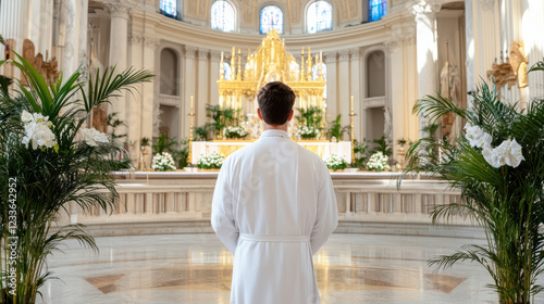 priest in ceremonial robes stands in grand church, reflecting in peace