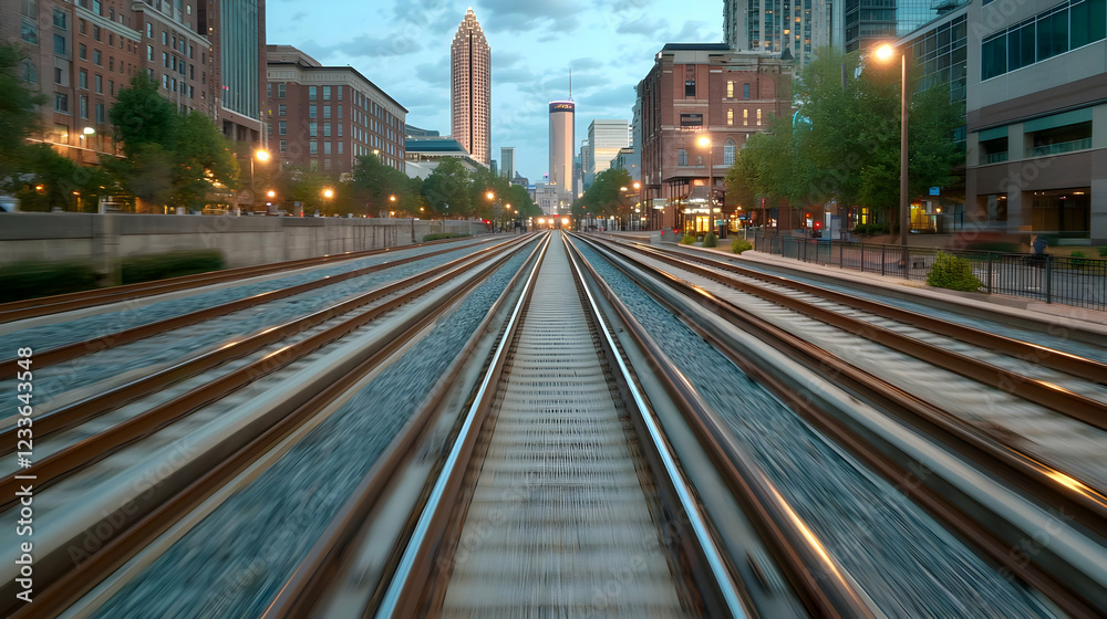 City train tracks at dusk, buildings background, travel City train tracks at dusk, buildings background, travel