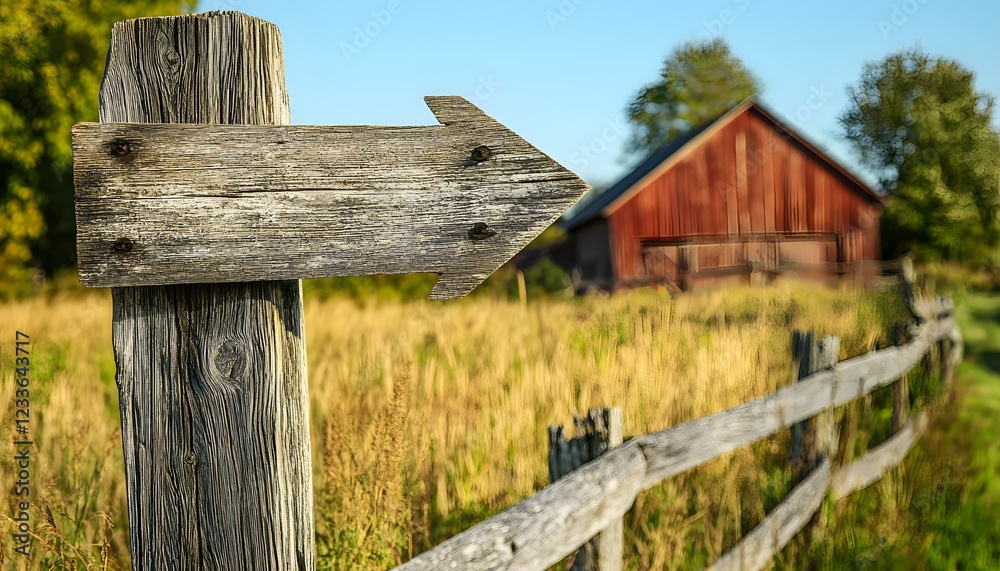 Naklejka premium Rustic Wooden Arrow Sign Points Towards Red Barn