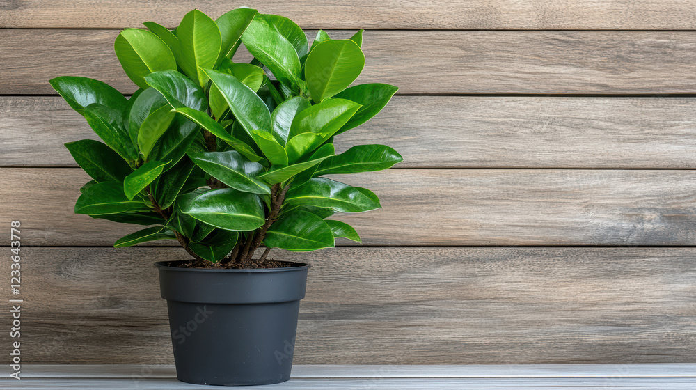 Lush green plant in black pot against wooden background