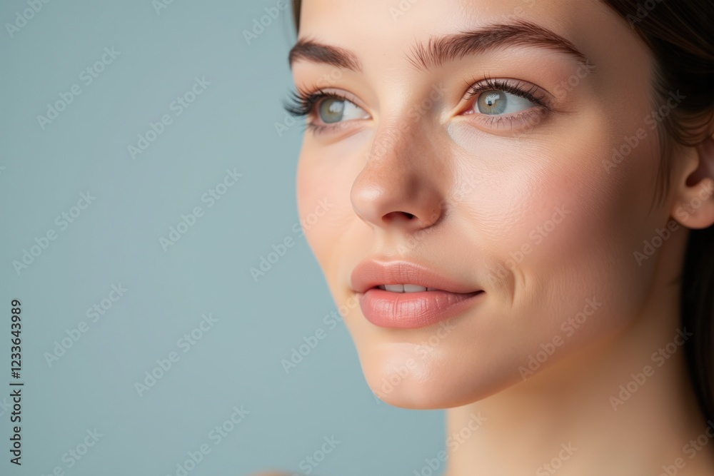 Naklejka premium Close-Up Portrait of a Young Woman with Natural Beauty and Soft Features Against a Subtle Blue Background, Showcasing Her Flawless Skin and Expressive Eyes