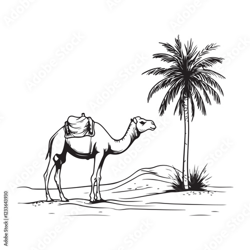 A Camel Standing in the Middle of a Vast Desert Landscape Vector Illustration Design