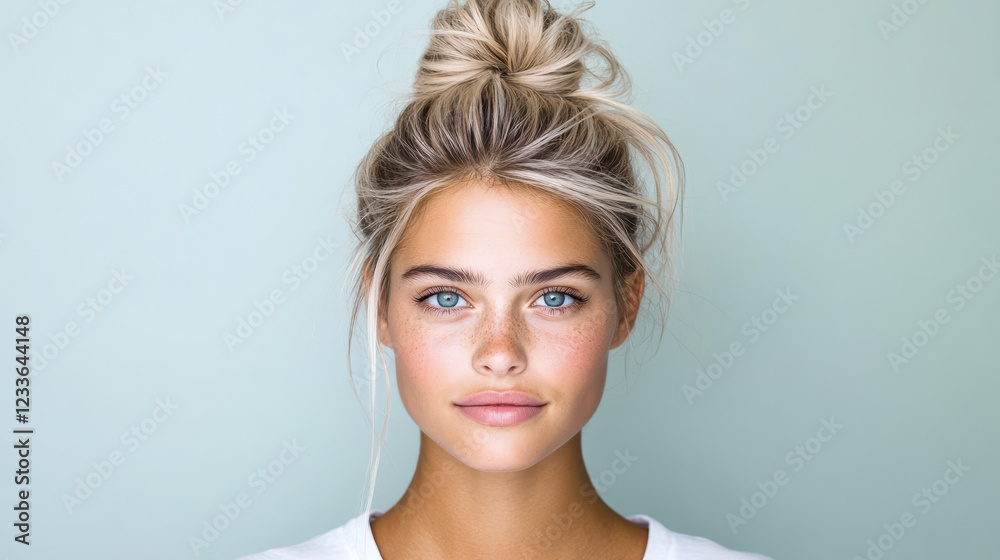Portrait of young woman with light hair and blue eyes, smiling softly Portrait of young woman with light hair and blue eyes, smiling softly