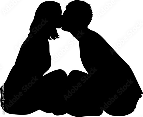 Vector illustration Silhouette of a couple sitting close facing each other kissing romantic moment black and white background