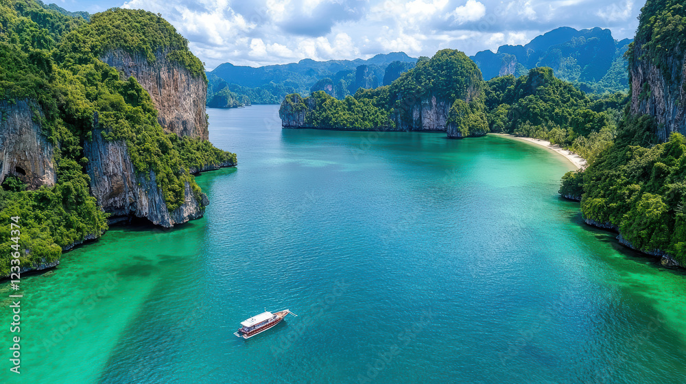 Obraz premium Aerial view of serene tropical bay with lush green cliffs and boat