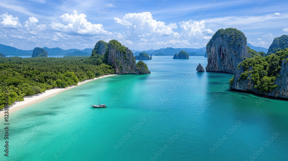 Obraz premium Aerial view of tropical beach with turquoise water and lush islands