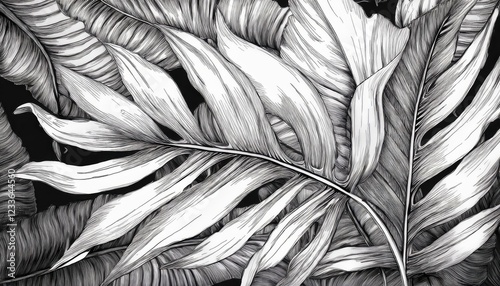 Vibrant Tropical Leaf Drawing A Handcrafted Masterpiece in Pencil and Ink, Showcasing the Exotic Beauty of a Lush Tropical Foliage with Rich Textures and Detailed Shading.