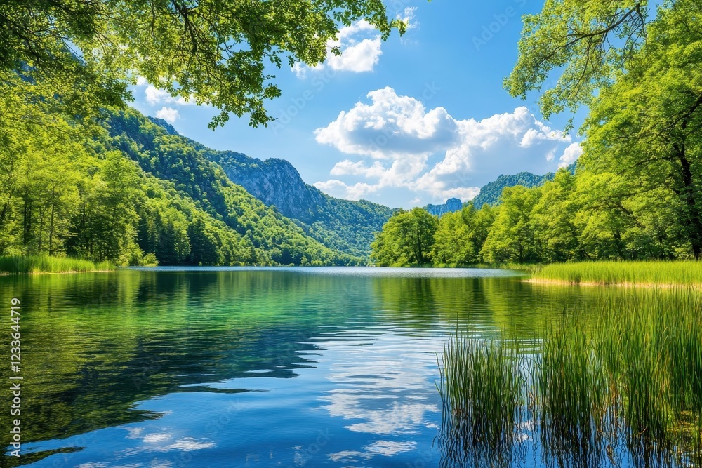 Serene mountain lake, summer landscape, calm water, green trees, idyllic scene, nature background, travel poster Serene mountain lake, summer landscape, calm water, green trees, idyllic scene, nature background, travel poster