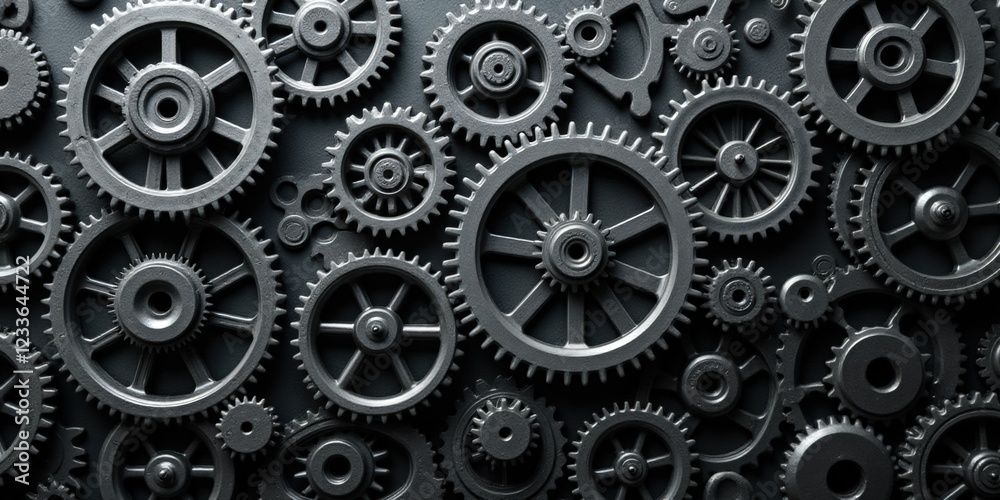 A mesmerizing close-up reveals intricately intertwined black-and-white gears spiraling around a central behemoth, crafting an elegant mechanical dance in perfect symmetry A mesmerizing close-up reveals intricately intertwined black-and-white gears spiraling around a central behemoth, crafting an elegant mechanical dance in perfect symmetry