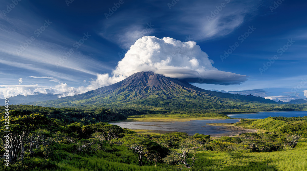 Naklejka premium stunning view of active volcano in Bali surrounded by lush greenery and serene lake