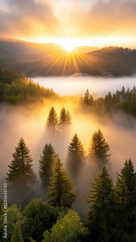 Fototapeta premium Golden sunrise over misty pine forest, creating serene atmosphere with soft warm light illuminating trees and fog. breathtaking natural landscape