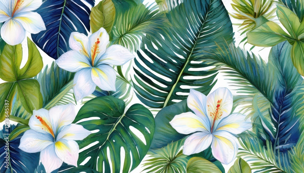 Vibrant Watercolor Tropical Seamless Pattern A Stunning Array of HandDrawn Leaves and Flowers in a Lush, Exotic Setting, Perfect for Interior Design or Artistic Projects Vibrant Watercolor Tropical Seamless Pattern A Stunning Array of HandDrawn Leaves and Flowers in a Lush, Exotic Setting, Perfect for Interior Design or Artistic Projects