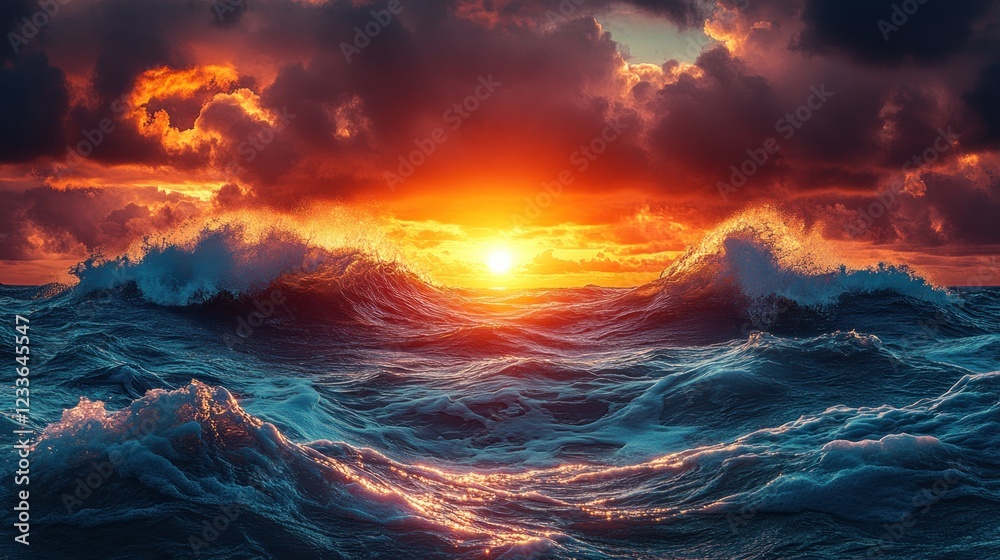 Fototapeta premium Fiery Sunset over Dramatic Ocean Waves