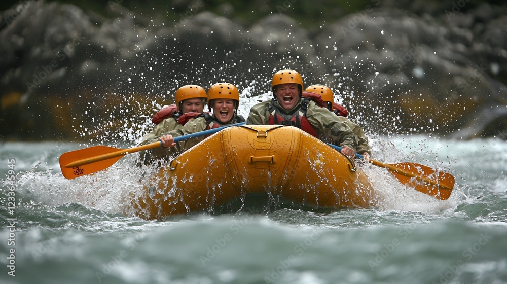 Fototapeta premium River rafting adventure, group smiling, splashing water, scenic background, action shot