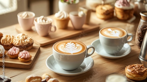 Delicious coffee with pastries on a wooden table. photo